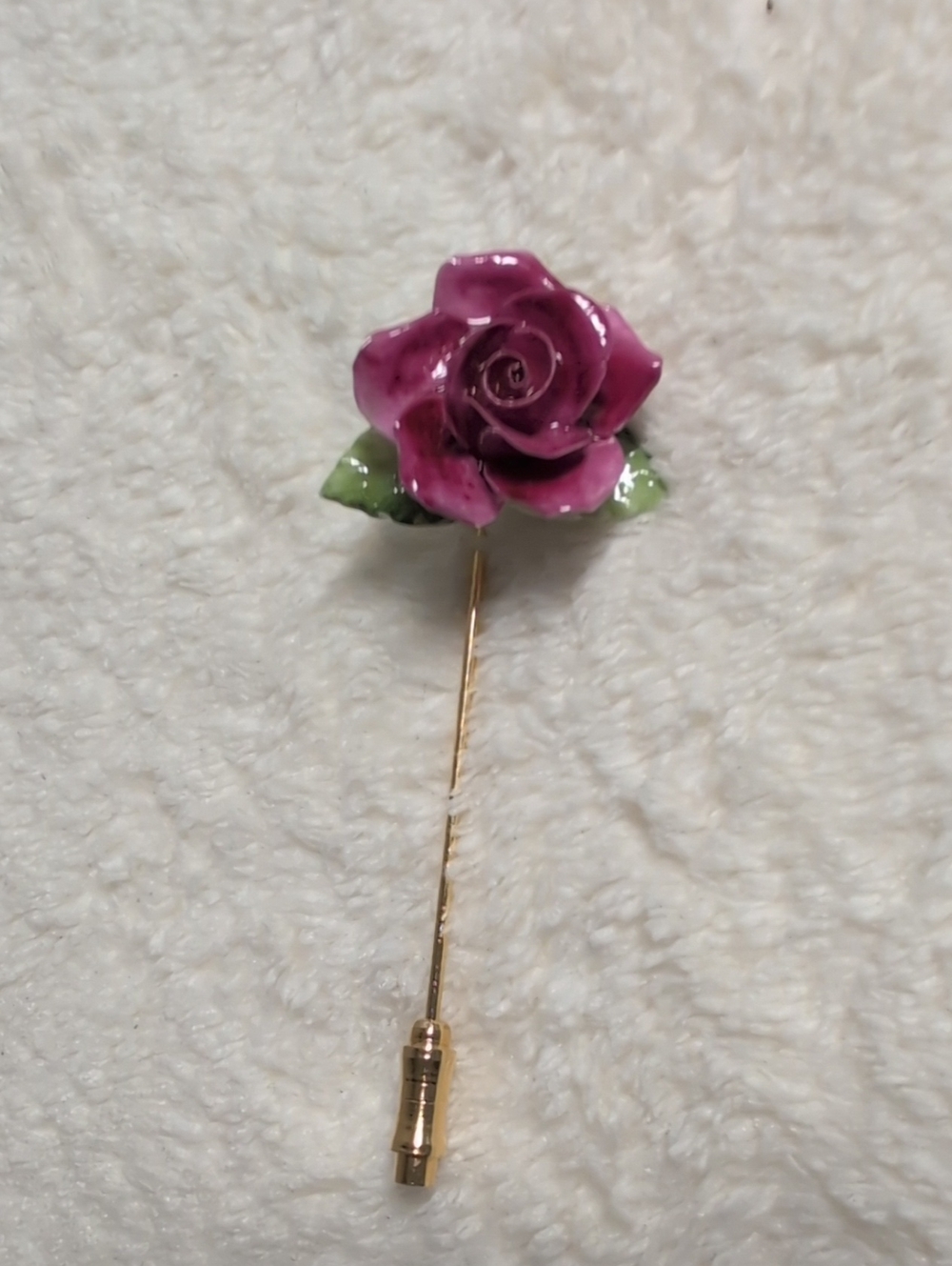 Pink Rose Bone China Stick Pin Lapel Brooch with Green Leaves - Women Jewelry